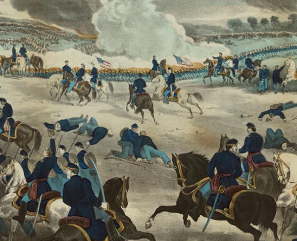 Union and Confederate troops engage in combat at Gettysburg. 